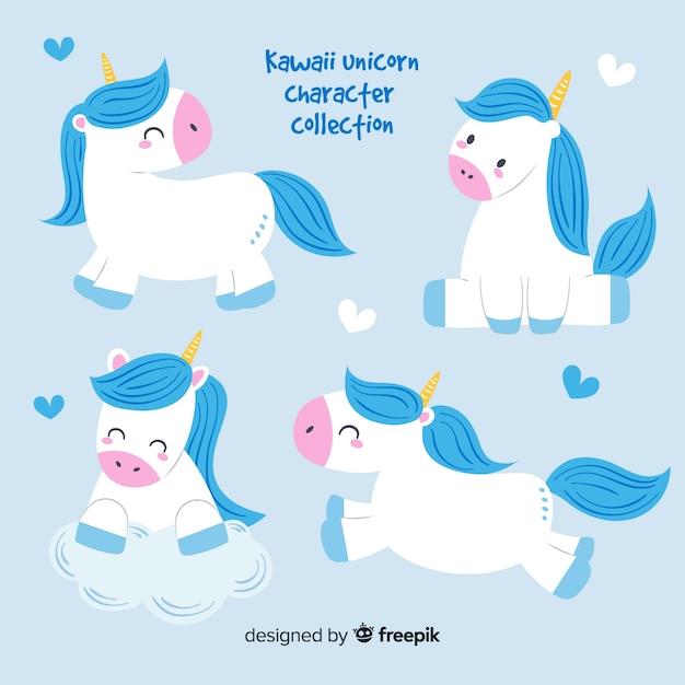 Vector gratuito set de unicornios de estilo kawaii