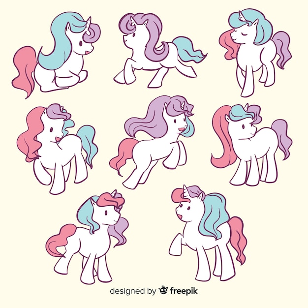 Vector gratuito set de unicornios de estilo kawaii