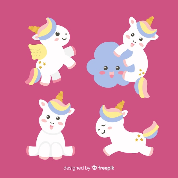 Vector gratuito set de unicornios de estilo kawaii