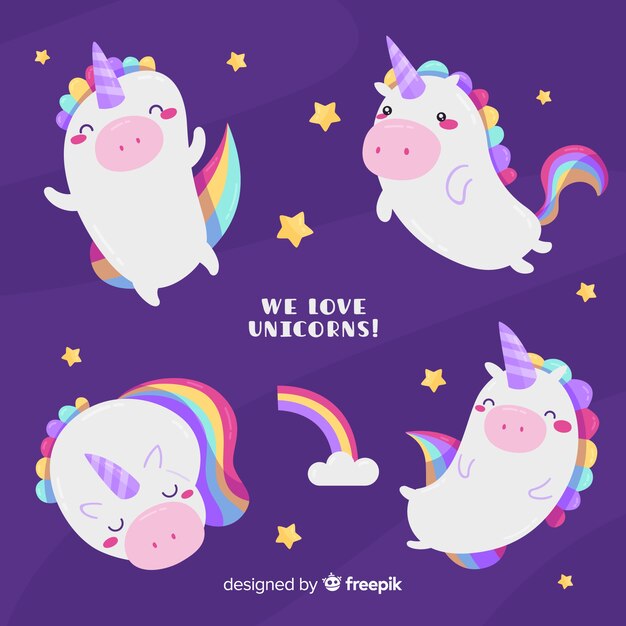 Set de unicornios de estilo kawaii