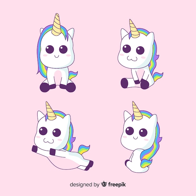 Vector gratuito set de unicornios en estilo kawaii