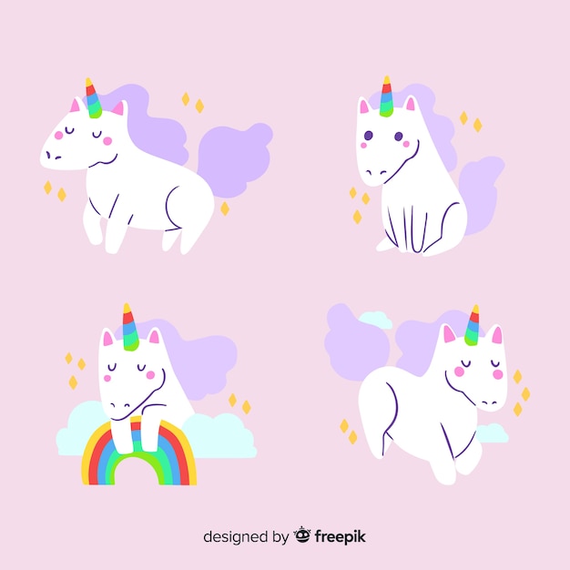 Set unicornios kawaii dibujados a mano