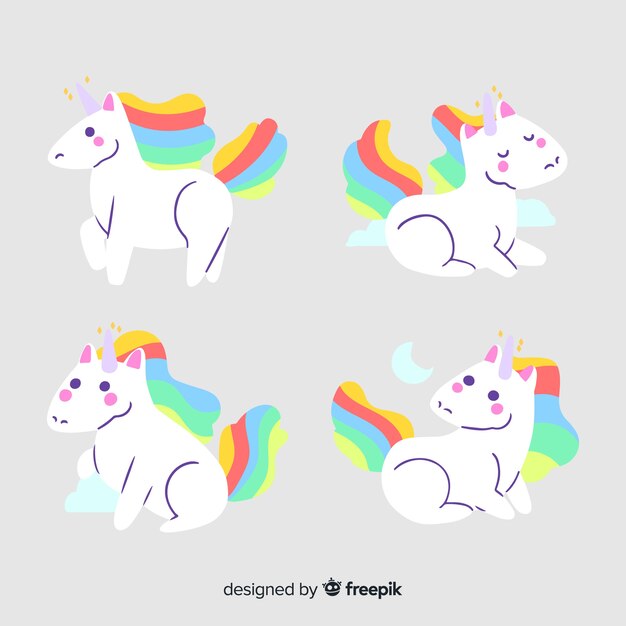Set unicornios kawaii dibujados a mano