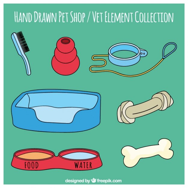 Vector gratuito set de utensilios dibujados a mano de tienda de animales