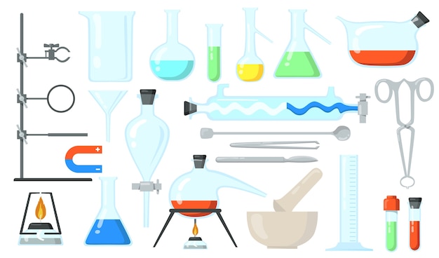 Vector gratuito set de vasos de vidrio. tubos y botellas de laboratorio, herramientas para experimentos químicos. ilustración de vector plano para química, laboratorio, investigación de laboratorio, concepto de ciencia.