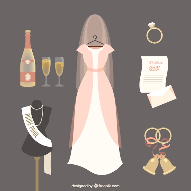 Vector gratuito set de vestido de novia con otros elementos de boda