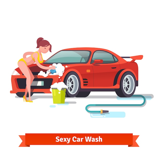 Vector gratuito sexy mujer en traje de baño lavando coche deportivo rojo