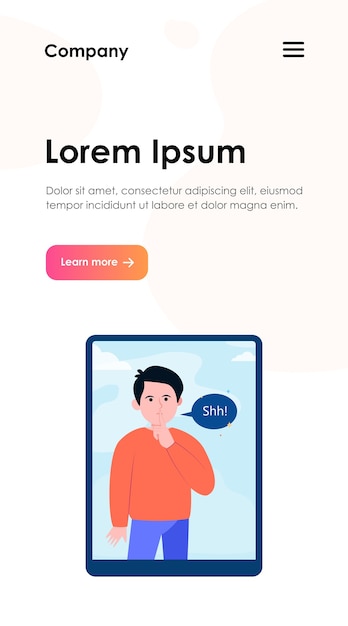 Shh hombre en la pantalla de la tableta. Dedo, silencio, bocadillo. Concepto de comunicación y mensaje para el diseño de sitios web o páginas web de destino