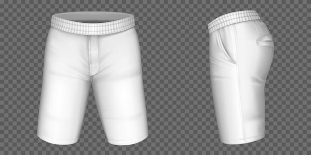 Shorts blancos para hombre, pantalón masculino con bolsillos y plantilla de goma elástica frontal, vista lateral. diseño de ropa en blanco 3d realista, ropa deportiva, ropa casual aislada