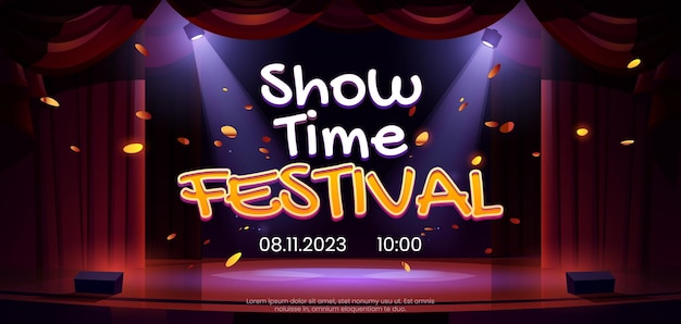 Vector gratuito show time festival banner con escenario de teatro
