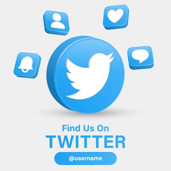 Síganos en los logotipos de las redes sociales de twitter con el logotipo 3d en un marco moderno con iconos de notificación