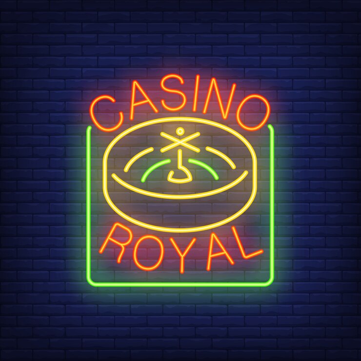 Vector gratuito signo de neón de casino real. ruleta en marco cuadrado sobre fondo de pared de ladrillo