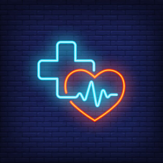 Signo de neón de corazón, cruz y cardiograma.