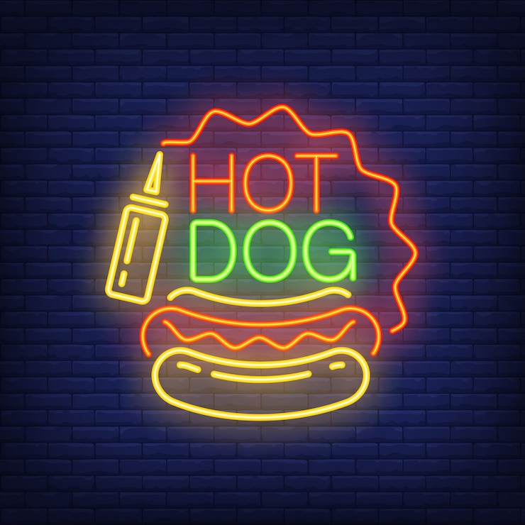 Vector gratuito signo de neón del perro caliente. pan de salchicha, mostaza y marco en forma de estrella en fondo de la pared de ladrillo.