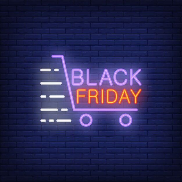 Signo de neón del viernes negro con carrito de la compra en movimiento. Anuncio brillante de la noche