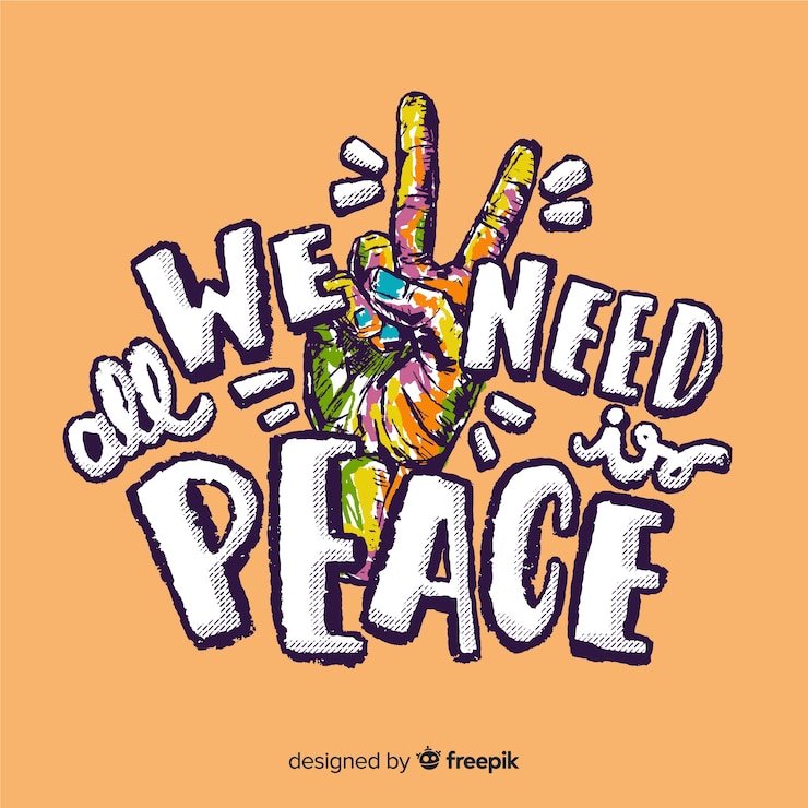 Vector gratuito signo de paz de mano colorido con las palabras de fondo