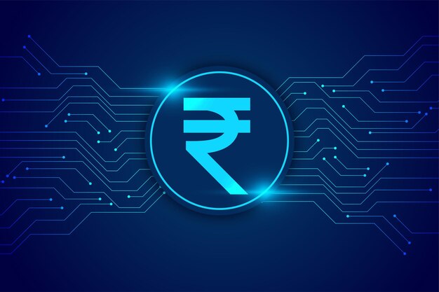 Signo de rupia de moneda india con fondo de líneas de circuito digital