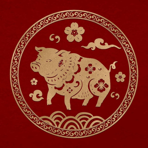 Vector gratuito signo del zodiaco chino tradicional del vector de la insignia de oro del año del cerdo