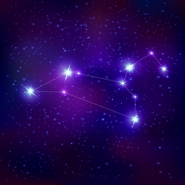 Signo del zodiaco constelación realista de Leo con sistema de estrellas azules brillantes en el cielo nocturno