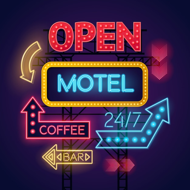 Signos de luces de neón que brillan intensamente de colores para motel y cafetería sobre fondo azul oscuro