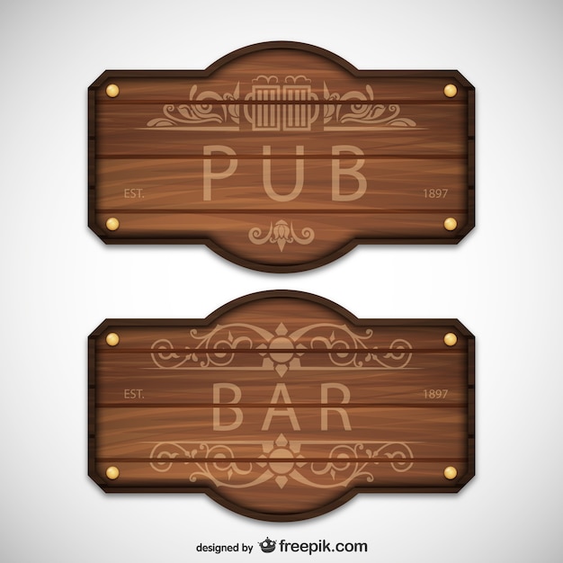 Vector gratuito signos de madera de pub y bar