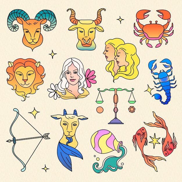 Signos del zodíaco, colección de elementos de collage de arte colorido doodle
