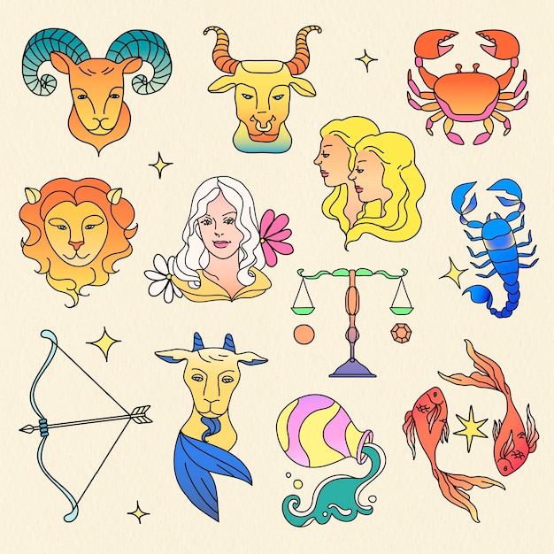 Signos del zodíaco, colección de elementos de collage de arte colorido doodle