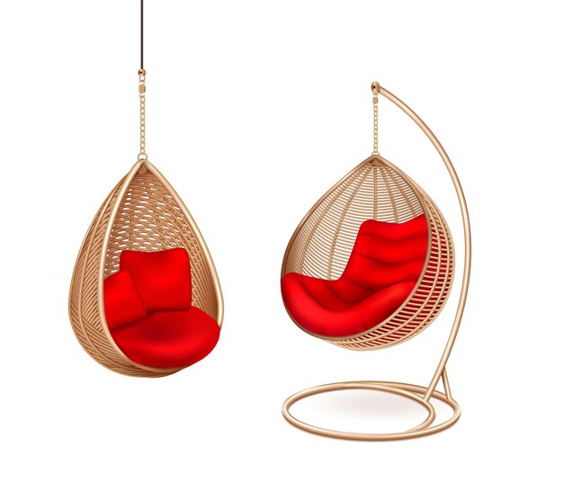 Sillas colgantes de mimbre con dos imágenes aisladas de salón moderno con almohadas suaves ilustración vectorial