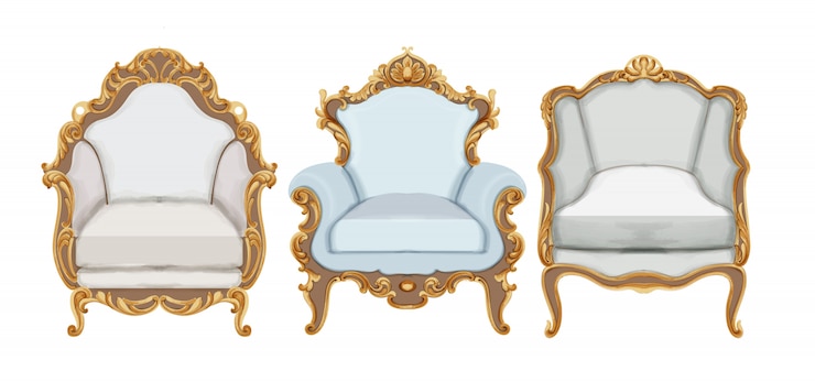 Vector gratuito sillas de estilo barroco con decoración elegante de oro