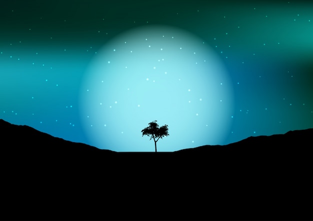 Vector gratuito silueta de árbol contra un cielo nocturno