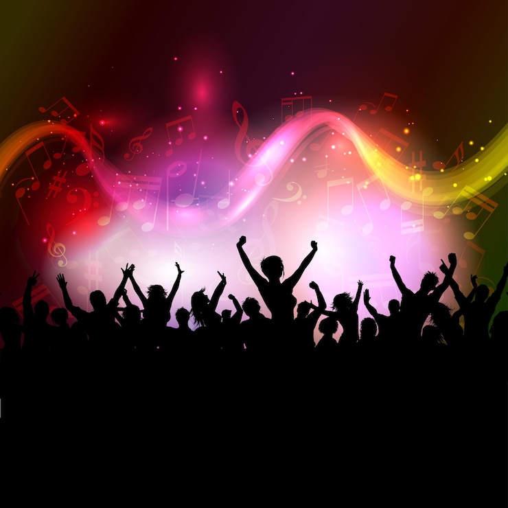 Vector gratuito silueta de una audiencia emocionada sobre un fondo de notas musicales coloridas