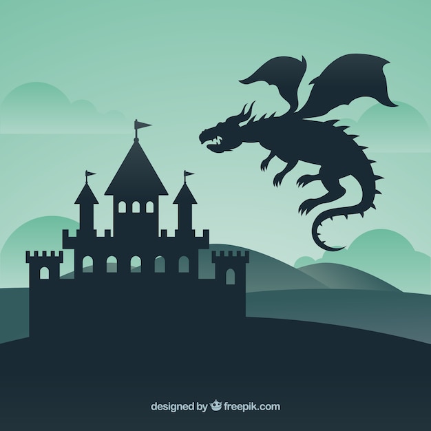 Silueta de castillo con dragón volando