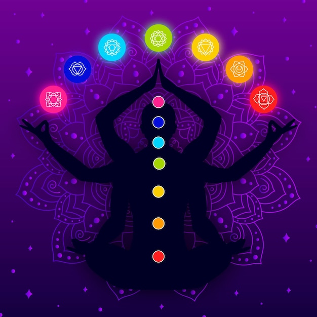 Vector gratuito silueta del cuerpo con chakras y brazos coloridos