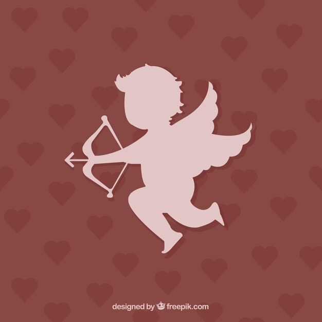 Silueta de Cupido sobre fondo de corazones