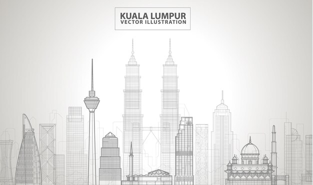 Silueta detallada de Kuala Lumpur. Ilustración de línea vectorial.