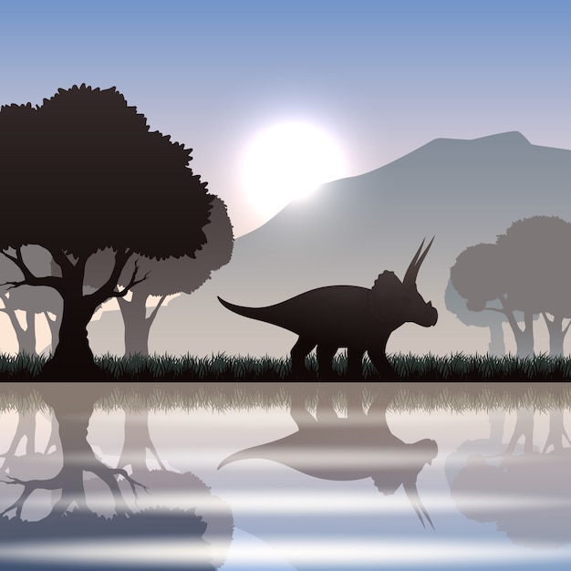 Vector gratuito silueta de dinosaurio triceratops en un paisaje escénico con lago de montaña y árboles gigantes