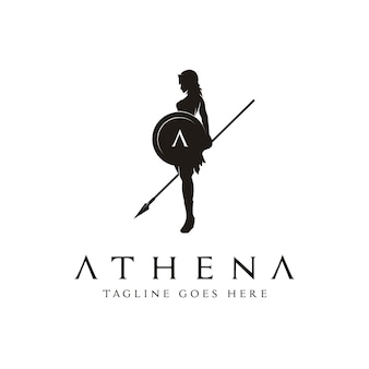 Silueta de la diosa griega romana atenea minerva con escudo y lanza el diseño de logotipo de belleza