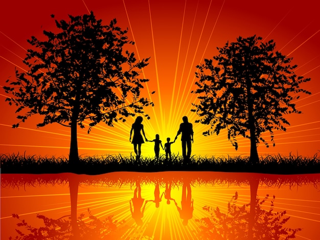 Silueta de una familia caminando fuera bajo los árboles