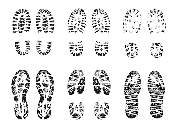 Silueta de grunge de conjunto de ilustraciones vectoriales de huella. huella de botas y zapatillas, sellos de zapatos, contorno de rastro humano, huella de pisadas aisladas sobre fondo blanco. calzado, concepto de textura