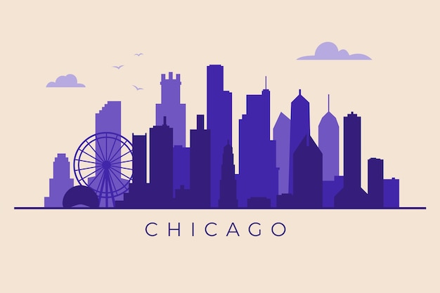 Vector gratuito silueta de horizonte de chicago de diseño plano