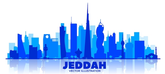 Silueta del horizonte de Jeddah. Ilustración de vector. Concepto de turismo y viajes de negocios con edificios modernos. Imagen para banner o sitio web.