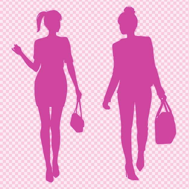 Vector gratuito silueta de mujer feliz sosteniendo una bolsa dos amigos en rosa yendo de compras