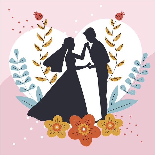 Silueta de novio de novia dibujada a mano