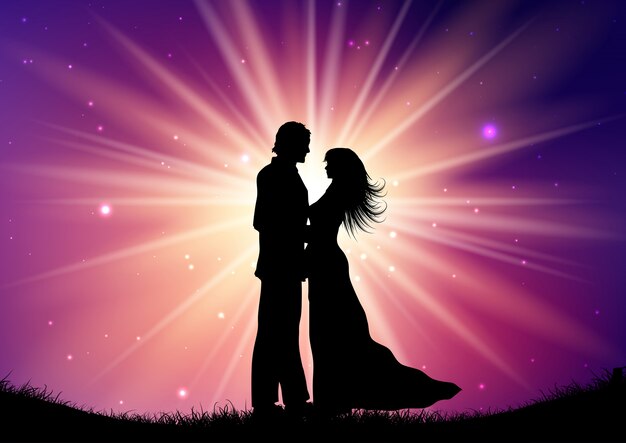 Silueta de novios en el fondo de starburst