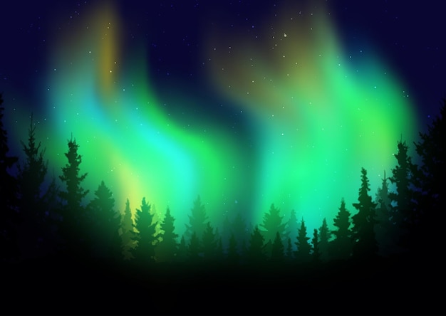 Vector gratuito silueta de un paisaje de árboles contra un cielo nocturno con pantalla de luces del norte