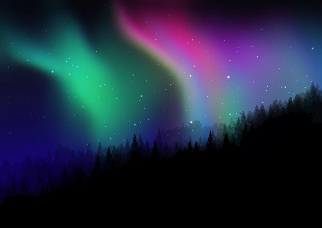 Silueta de un paisaje de pinos contra un cielo nocturno estrellado con auroras boreales
