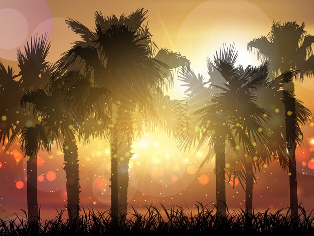 Silueta de palmeras contra un cielo de atardecer