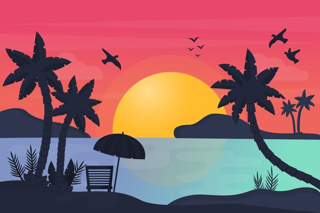 Silueta de palmeras y fondo al atardecer