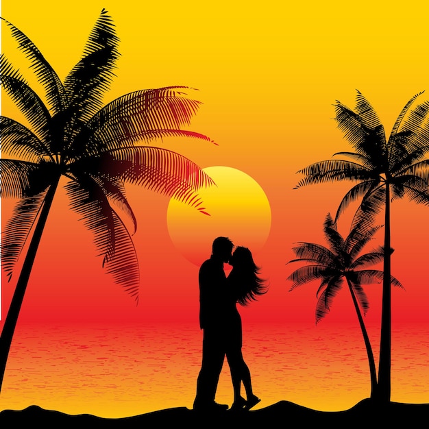 Silueta de una pareja besándose en una playa al atardecer