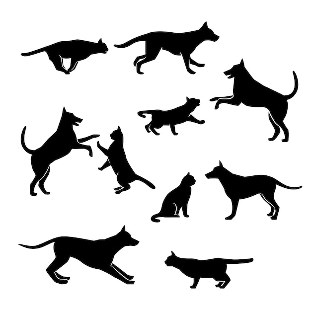 Silueta de perro y gato dibujada a mano